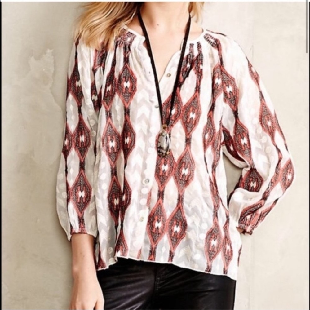 ANTHROPOLOGIE x Line & Dot Socompa Embroidered Peasant Blouse M NWOT Boho Ikat